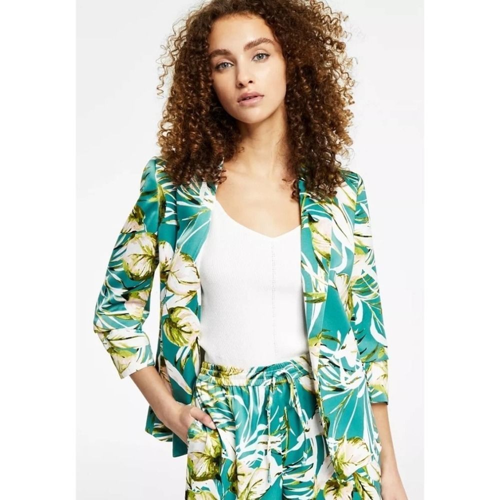 Bar III Palm Print Satin Open-Front Jacket XS